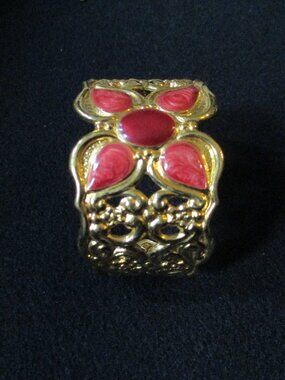 Vintage gold - tone cuff bracelet rose colored enamel flower design Avon 1993